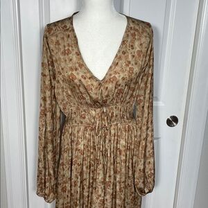 GRADE & GATHER Maxi Tiered Dress Large Floral Smocked Waist V Neck Long Sleeve